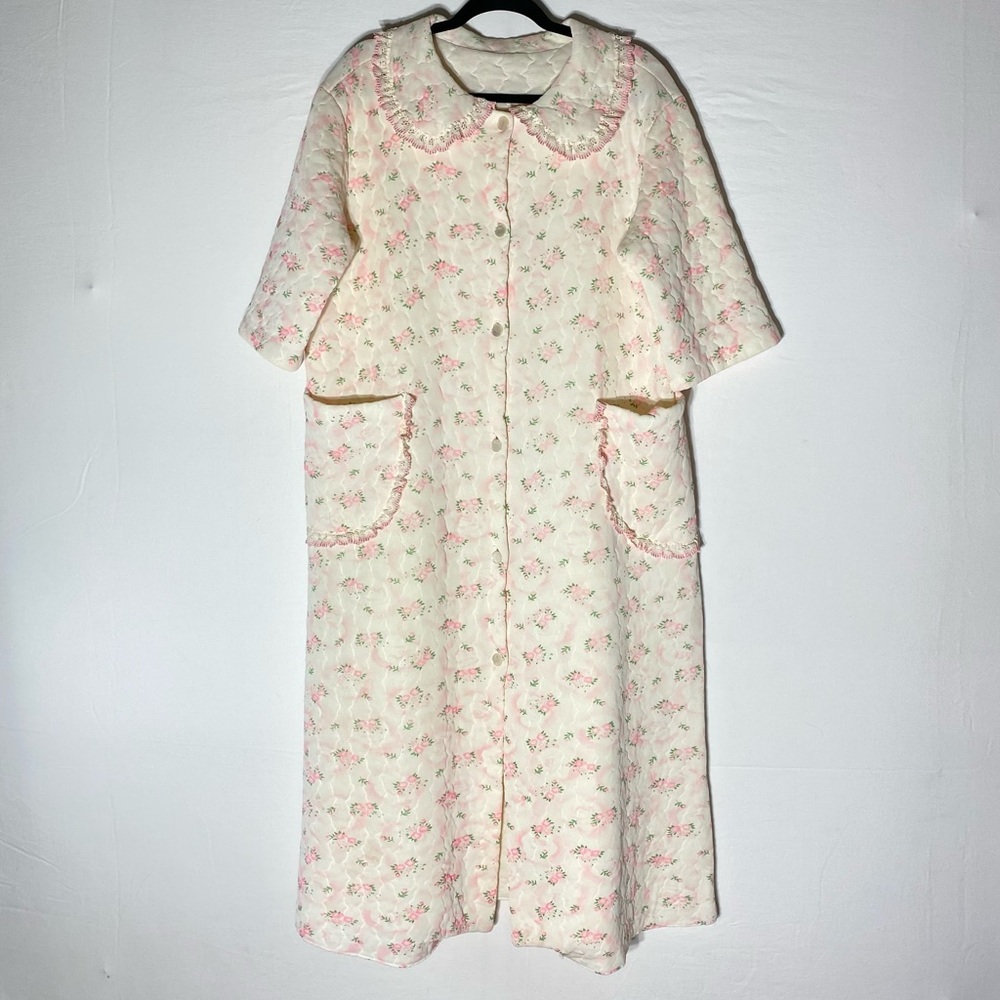 Vintage Cream Pink Floral Quilted Button Front Robe Housecoat with Pockets L